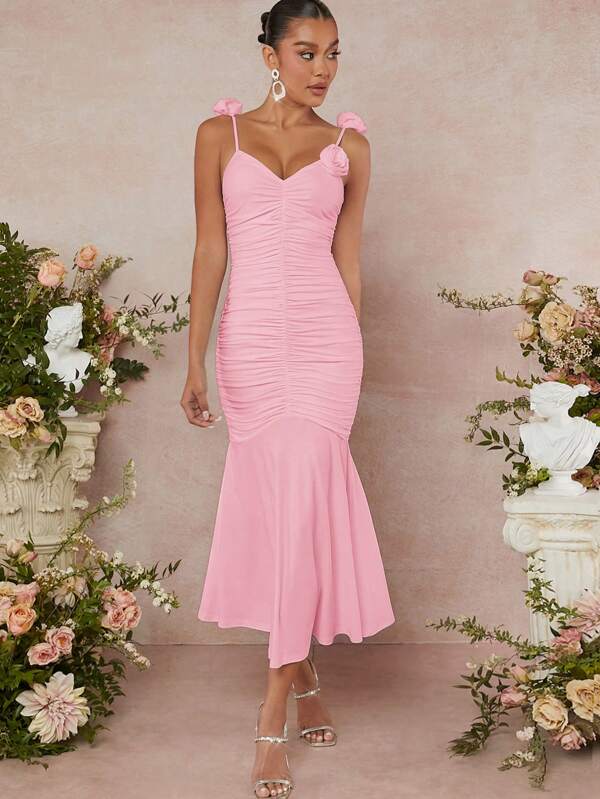 L'Amorae 3D Rosette Ruched Ruffle Hem Dress