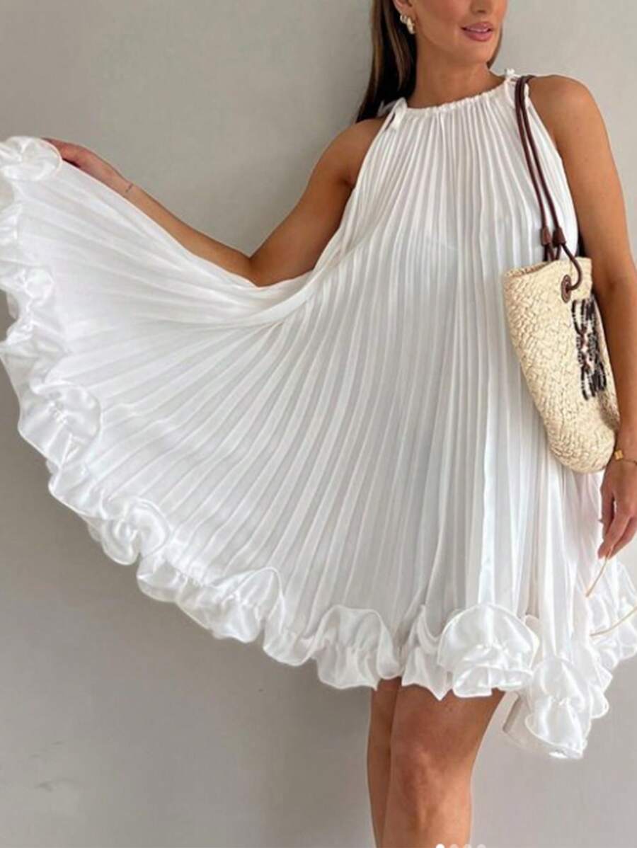 Celure Elegant Pleated And Ruffle Edge Belted Dress - White - View 1