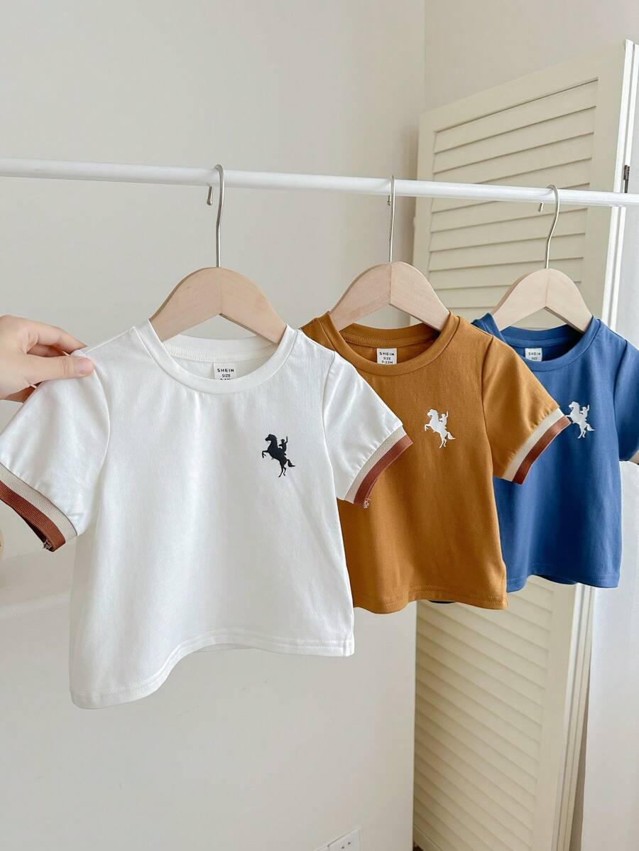 3pcs/Set Baby Boy/Girl Cute Casual Cartoon Pattern Colorblock Polo Short Sleeve T-Shirt, Suitable For Home, Outing, Vacation Wear, Summer - Multicolor - View 1