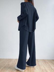 SHEIN EZwear Conjunto de blusa y pantalón de dos piezas de unicolor simple para uso diario de mujer - Azul Marino - Ver 2