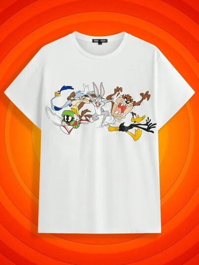 LOONEY TUNES X SHEIN Unisex Neutral White Summer Casual Cartoon Classic Print Short Sleeve Round Neck T-Shirt