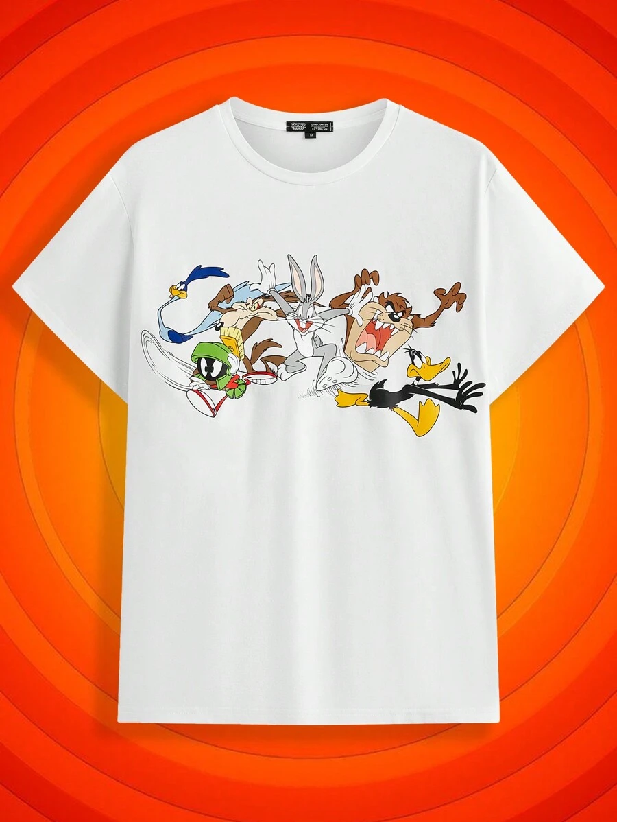 LOONEY TUNES X SHEIN Unisex Neutral White Summer Casual Cartoon Classic Print Short Sleeve Round Neck T-Shirt - White - View 1