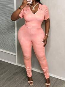 Slaydiva Casual Women's Plus Size Texture Printed V-Neck Collared Slim Fit Split Two-Piece Set - C - Dusty Pink - View 3