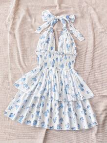 Soleia Vestido con estampado floral de verano para mujer con tirantes al cuello, sin espalda, con cintura ajustable y de varias capas - Multicolor - Ver 4
