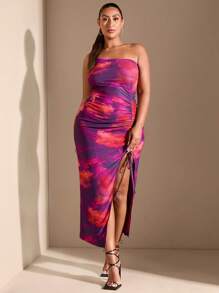 SHEIN BAE Plus Size Women's Summer Elegant Stretch Mesh Marble Print Long Dart Suspender Dress