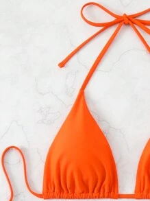 Swim Basics Women Summer Beach Solid Halter Neck 3-Piece Bikini Set Bathing Suit, Suitable For Holiday Orange Bikiniswimsuit Set - Orange - View 4