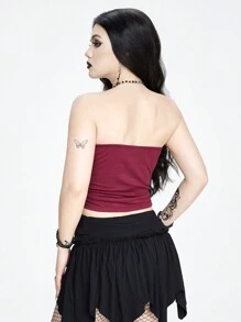ROMWE Goth 印有黑暗哥特式骷髏和玫瑰元素的女士無肩帶上衣，配有閃亮的鑽石 - 紅色 - 查看 5
