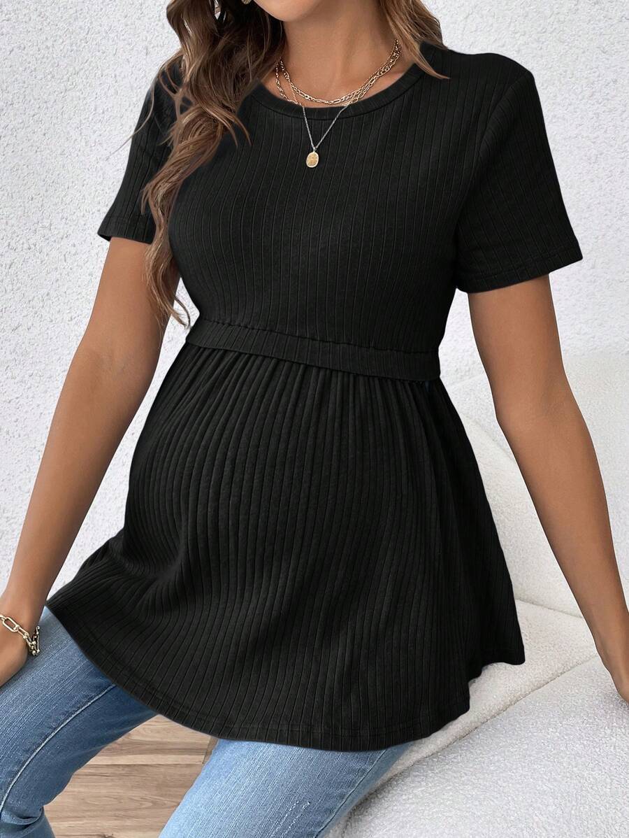 SHEIN 優雅浪漫的性別揭曉派對圓領短袖孕婦T恤 - 黑色 - 查看 1