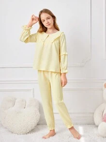 Tween Girl Yellow Solid Color Simple Style Short Sleeve Top And Long Pants Casual 2-Piece Homewear Set - Yellow - View 4