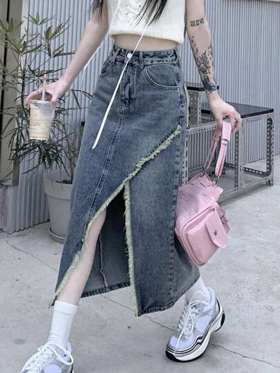 复古流苏开衩牛仔迷你裙，春夏