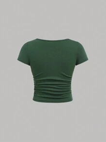 SHEIN 10歲以上女孩針織純色V領短袖T卹，內附3件套休閒服裝 - 墨綠色 - 查看 10