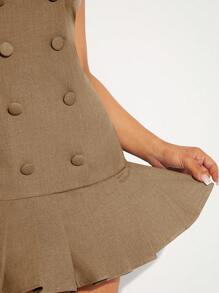 SHEIN Unity Double Breasted Pleated Hem Dress - Brown - View 3