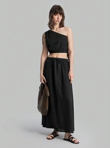 Ontre Women's Summer Solid Color One-Shoulder Crop Top And Long Skirt Set - Black - View 8
