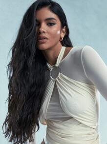 MISSGUIDED Layered Halter Neck Mesh Long Sleeve Top - Beige - View 3