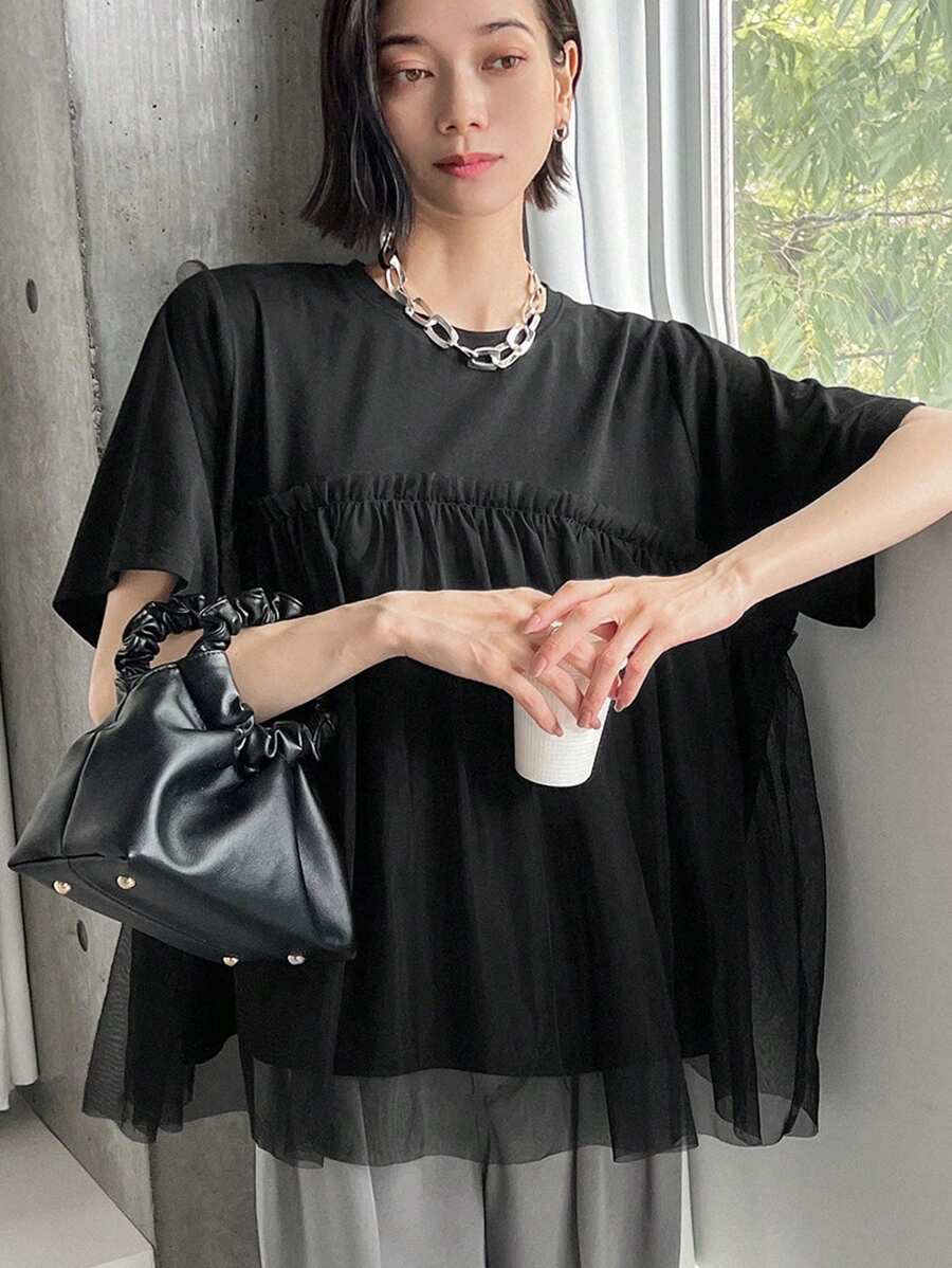 FRIFUL Áo thun nữ mùa hè màu trơn cổ tròn tay ngắn có viền bèo nhún, giản dị, nhún bèo - màu đen - Xem 1