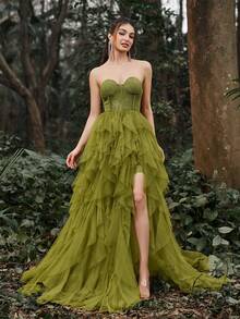 Faeriesty 飘逸奢华网纱拼接高开衩无肩带正式礼服，适合万圣节 - 橄欖綠 - 查看 6