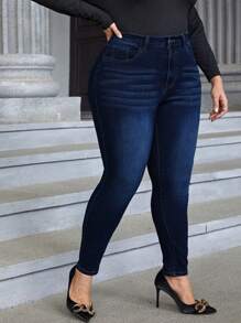 SHEIN CURVE+ Plus Size Women's Solid Color Simple Everyday Jeans - Dark Wash - View 3