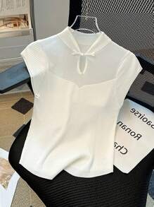 Flirla Plus Size Summer Knitted Top With Mesh Splice And Stand Collar - White - View 3