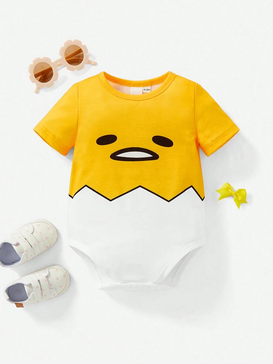 Gudetama X SHEIN Baby Girl Summer Cartoon Funny Egg Pattern Yellow & White Splicing Short Sleeve Bodysuit