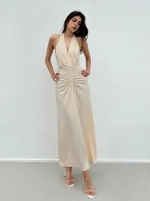 SHEIN Privé 女士简约优雅纯色褶皱露背度假连衣裙 - 米色 - 查看 5