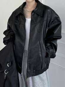 Dazy-Less Áo khoác PU rộng rãi cho nữ, Áo gió dài tay thường ngày cho mùa thu - màu đen - Xem 1