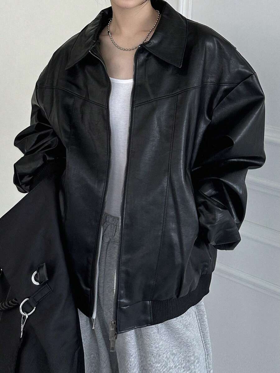 Dazy-Less Áo khoác PU rộng rãi cho nữ, Áo gió dài tay thường ngày cho mùa thu - màu đen - Xem 1