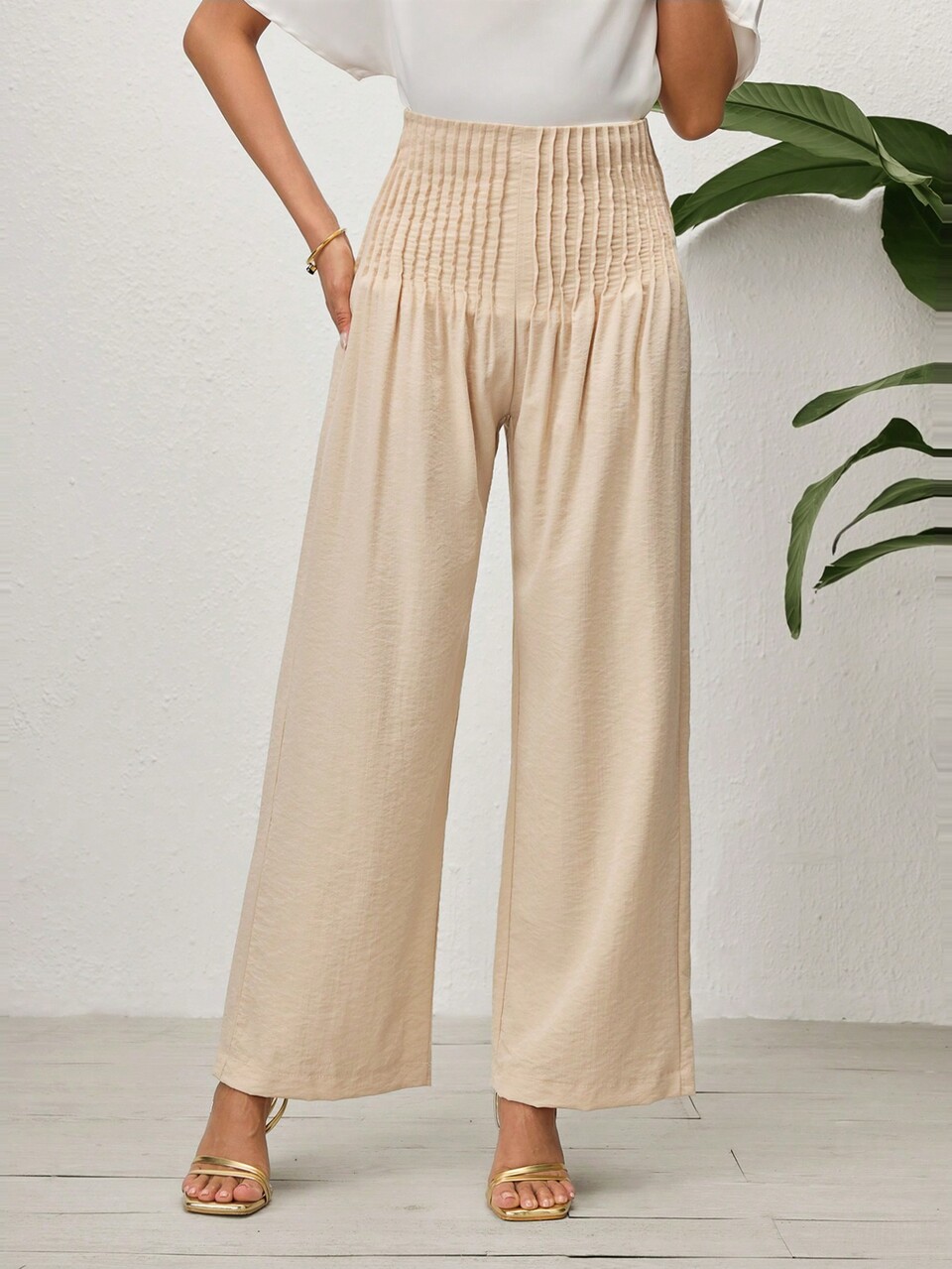 Women's Solid Color Pleated Elastic Waist Casual Straight-Leg Pants Fall Cloth For Women