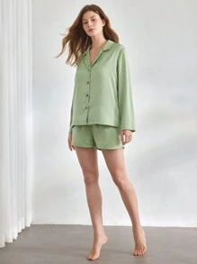 Ocili Pigiama da donna monopetto a maniche lunghe tinta unita per l\'estate