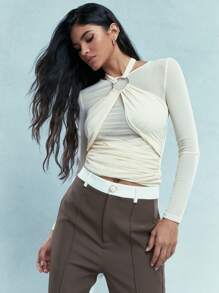 MISSGUIDED Layered Halter Neck Mesh Long Sleeve Top - Beige - View 1