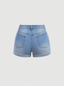 SHEIN Girlism Teen Girls' Denim Effect Solid Top And Distressed Blue Denim Shorts 2pcs/Set - Multicolor - View 6