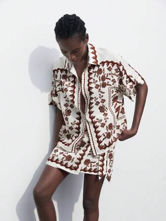 Maija Women's Coffee-Color Plant Totem Print Shirt, Casual Beach Vacation Wear, Modern Fashion Short Sleeve Top, Lightweight, Suitable For Spring/Summer