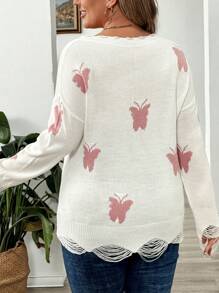 SHEIN LUNE Plus Size Knitted Sweater With Hollow Butterfly Pattern, Color Blocking, V-Neckline And Oblique-Shoulder Design, Can Be Worn Two Ways - Multicolor - View 4