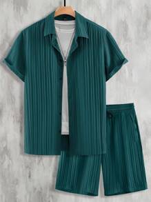 Manfinity RSRT Men's Vacation And Casual Solid Color Short Sleeve Shirt With Shorts Set - Green - View 7