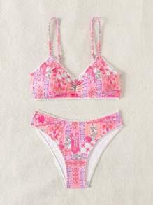 SHEIN Swim Set Bikini Dua Potong Seksi Berenda Motif Bunga untuk Wanita di Pantai Musim Panas - MultiWarna - View 2