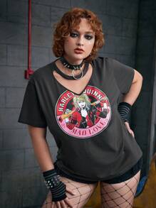 Harley Quinn X SHEIN 大码前卫、深色、时尚灰色宽松针织心形和卡通人物图案镂空 T 恤，夏季 - 黑色 - 查看 6