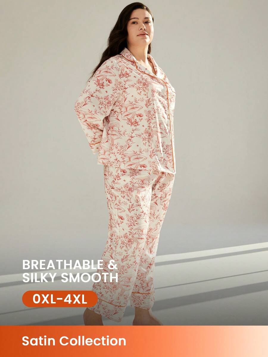 LUVLETTE Autumn And Winter Women Plus Floral Satin Long Women Pajama Set Lounge Set Fall Pajamas - Orange - View 1