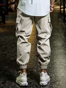 Manfinity Homme Hombres Pantalones cargo con bolsillo con solapa de cintura con cordón - Caqui - Ver 2