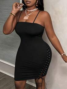 Slaydiva Plus Size Summer Casual Solid Color Spaghetti Strap Dress - Black - View 4