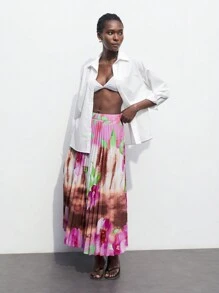 Maija 女士夏季時尚水印花褶皺裙 - 杏色 - 查看 3