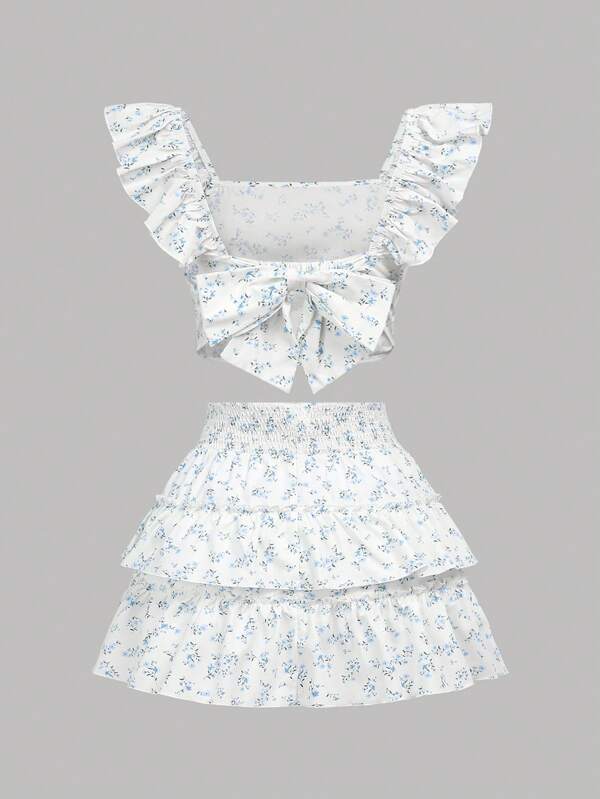 SHEIN Girlism Camisa vintage de flores Ditsy en azul con mangas con vuelo, con lazo, línea a la cintura y falda con dobladillo de volantes en capas para niña adolescente.