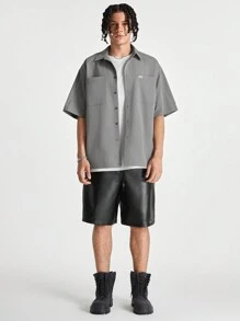 Manfinity RebelGame Men's Loose Embroidered English Pattern Short Sleeve Woven Shirt, Suitable For Summer - Dark Grey - View 5