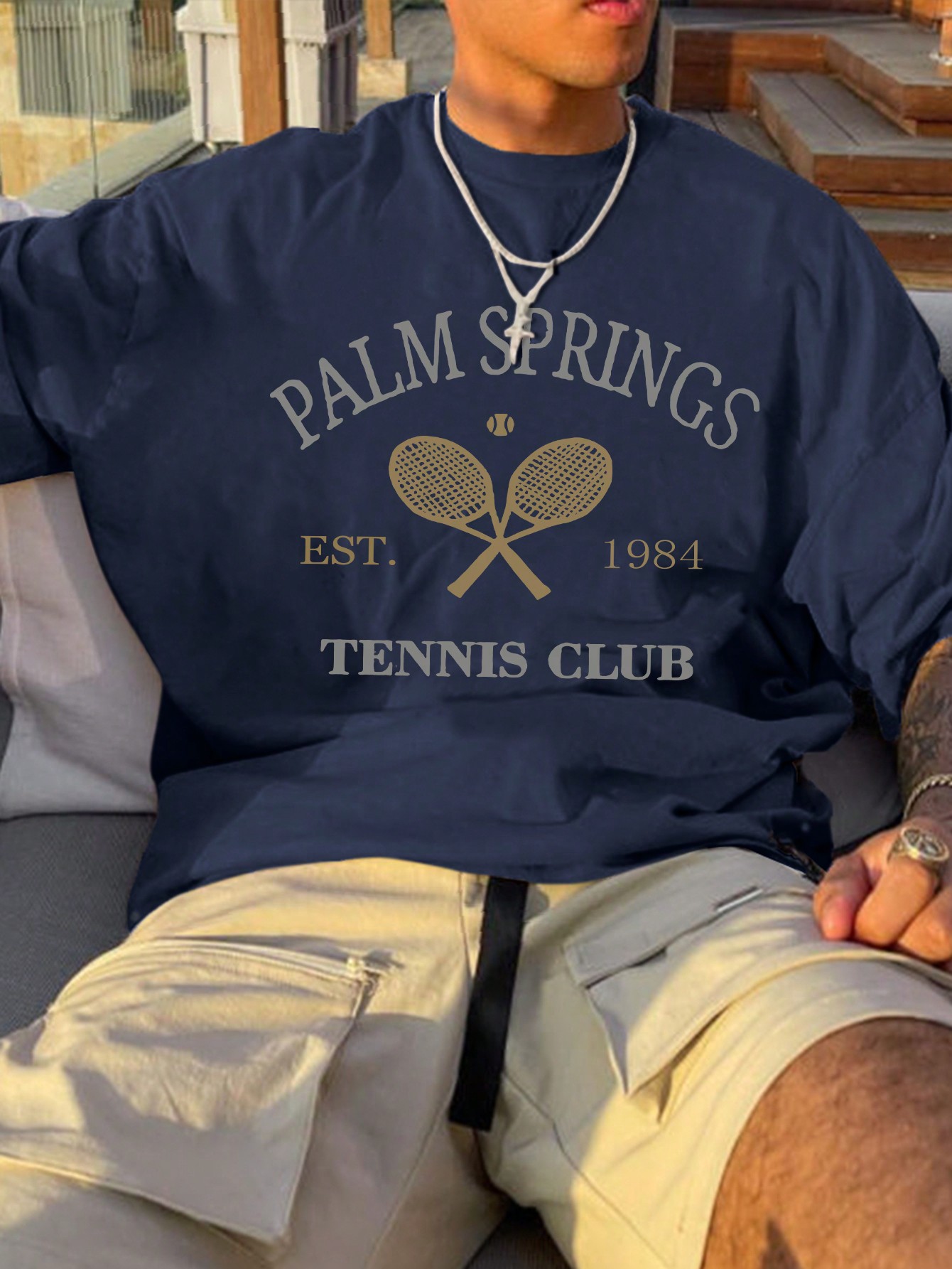 Men's Letter Print Round Neck Short Sleeve Casual T-Shirt, Summer, For Tennis