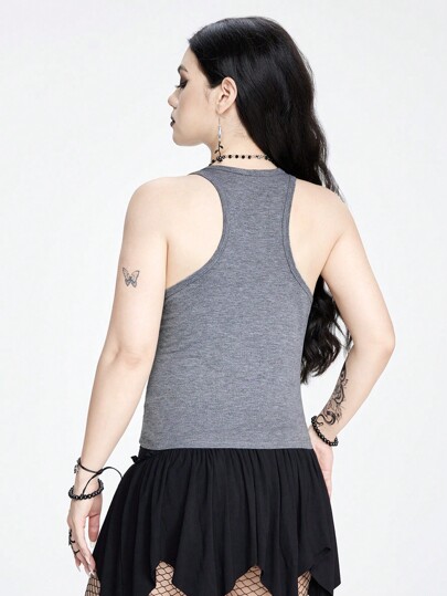 Grunge Punk Camiseta de tirantes adornada con patrón de cruz y vid con pedrería