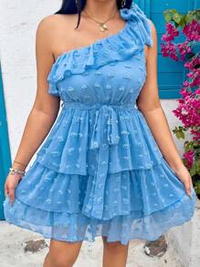 Flirla Große Größen Kleid aus strukturiertem Stoff mit einem Schulterausschnitt und Rüschenbesatz, Sommer - Blau - Übersicht 4