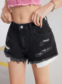 SHEIN กางเกงยีนส์ขาสั้นสีดำ Y2K ขาดสำหรับวัยรุ่นหญิง, กางเกงยีนส์ขาสั้นฮิปสเตอร์ขาดสำหรับฤดูร้อน - สีดำ - ดู 1