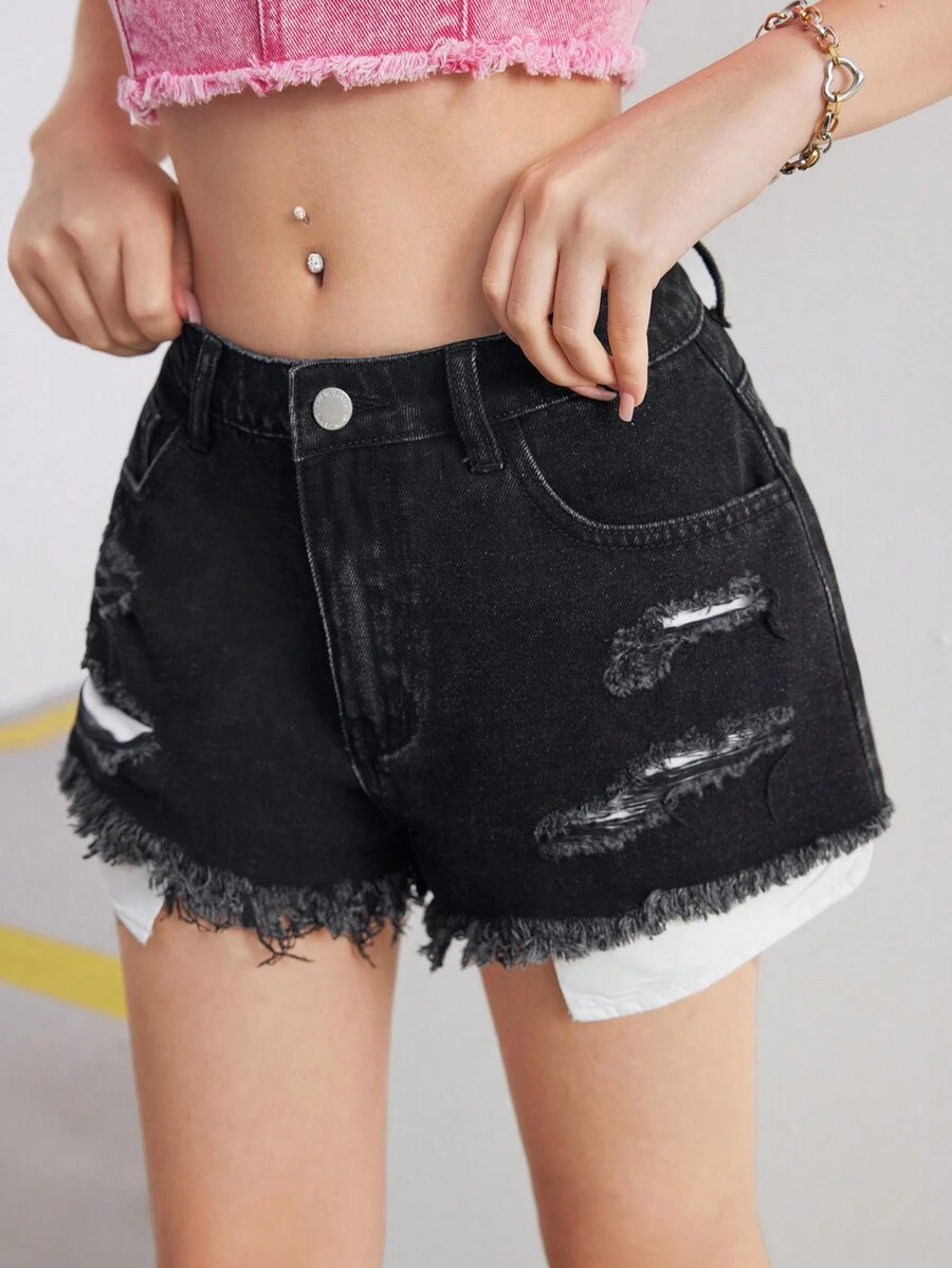 SHEIN กางเกงยีนส์ขาสั้นสีดำ Y2K ขาดสำหรับวัยรุ่นหญิง, กางเกงยีนส์ขาสั้นฮิปสเตอร์ขาดสำหรับฤดูร้อน - สีดำ - ดู 1