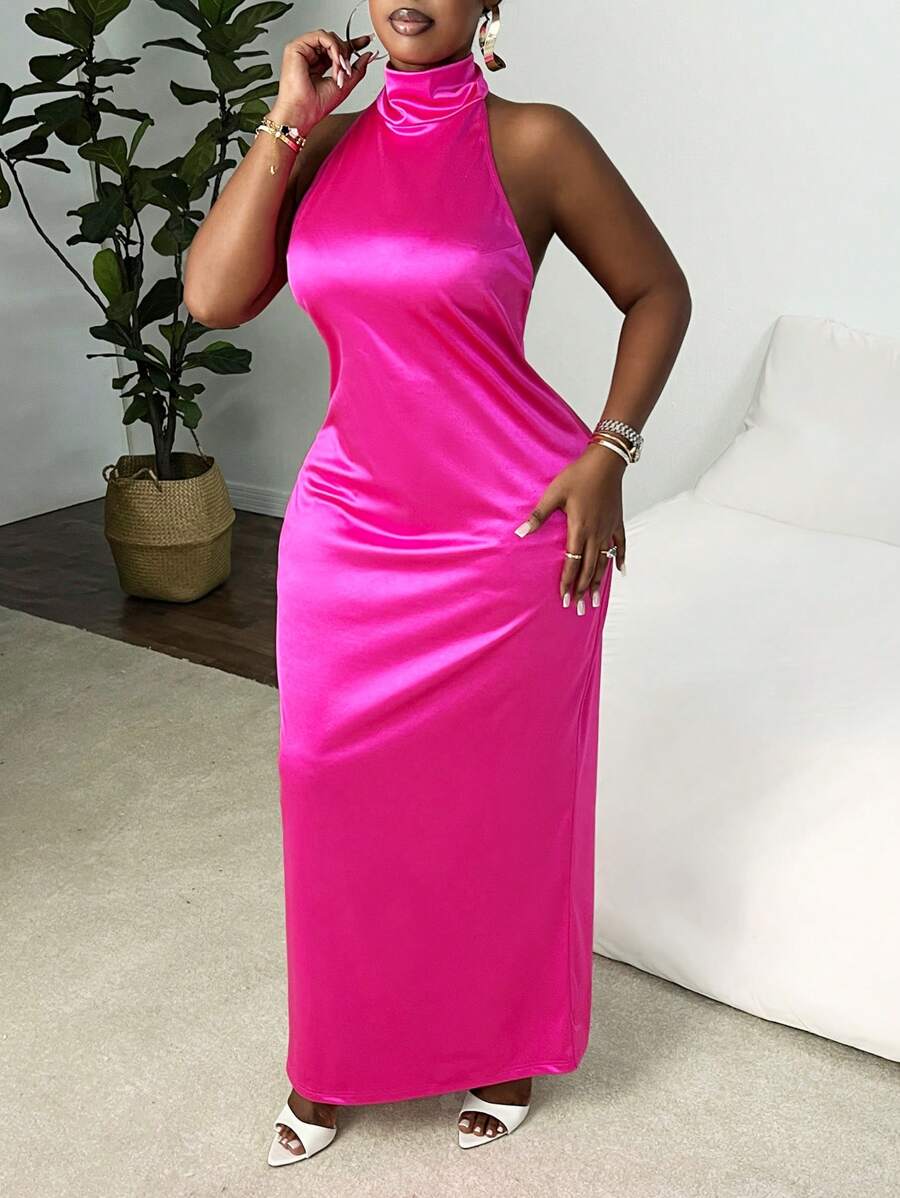 Slaydiva 高端优雅大码女式露背纯色蝴蝶结露背缎面修身礼服 - 玫紅色 - 查看 1