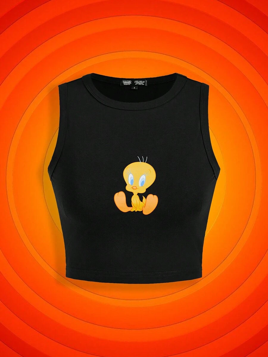 LOONEY TUNES X SHEIN Áo ba lỗ in hình hoạt hình Slim Fit mùa hè dành cho nữ - màu đen - Xem 1