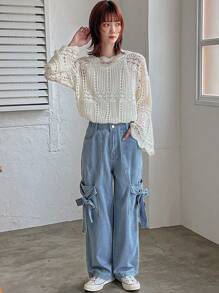 FRIFUL Jeans casuales sueltos de moda para mujer de unicolor con bolsillos grandes - Lavado ligero - Ver 2