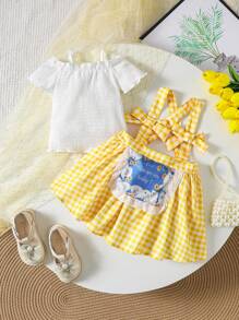 Baby Girl Plaid Printed Dress With Bowknot Decoration And Suspender Skirt Set